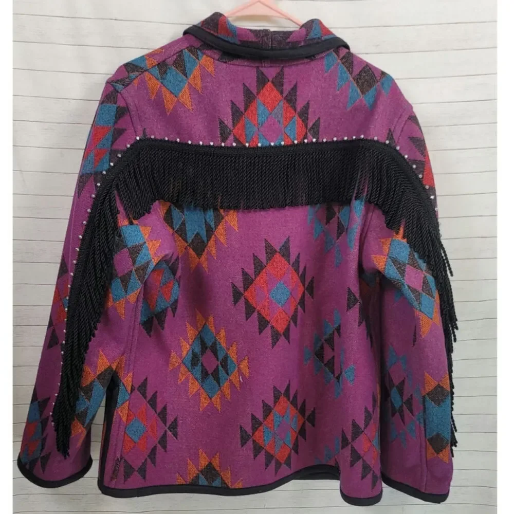 VINTAGE WOOL BLEND AZTEC PRINT BUTTON UP JACKET W FRINGE DETAIL, SZ LARGE